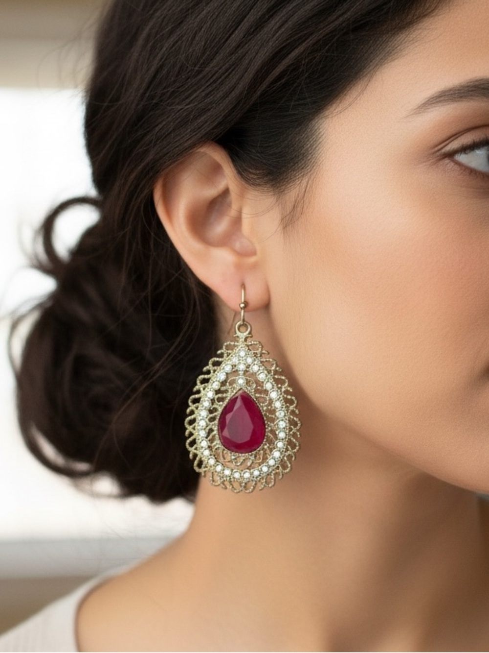 Elegant Gold Teardrop Earrings with Deep Pink Burgundy Gemstone - Women Jewelry